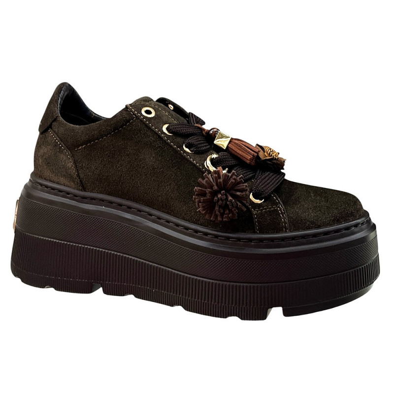 CheBello 5002 skórzane sneakersy damskie brązowe na platformie modne